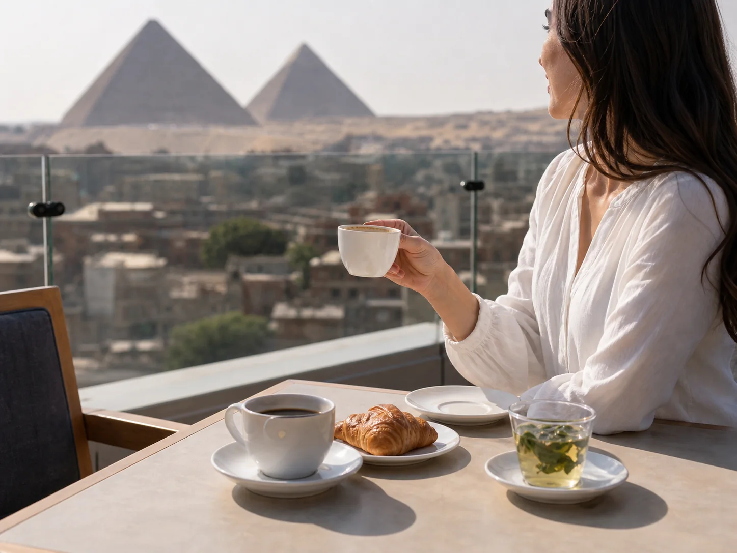 Rooftop coffee service with Pyramids view