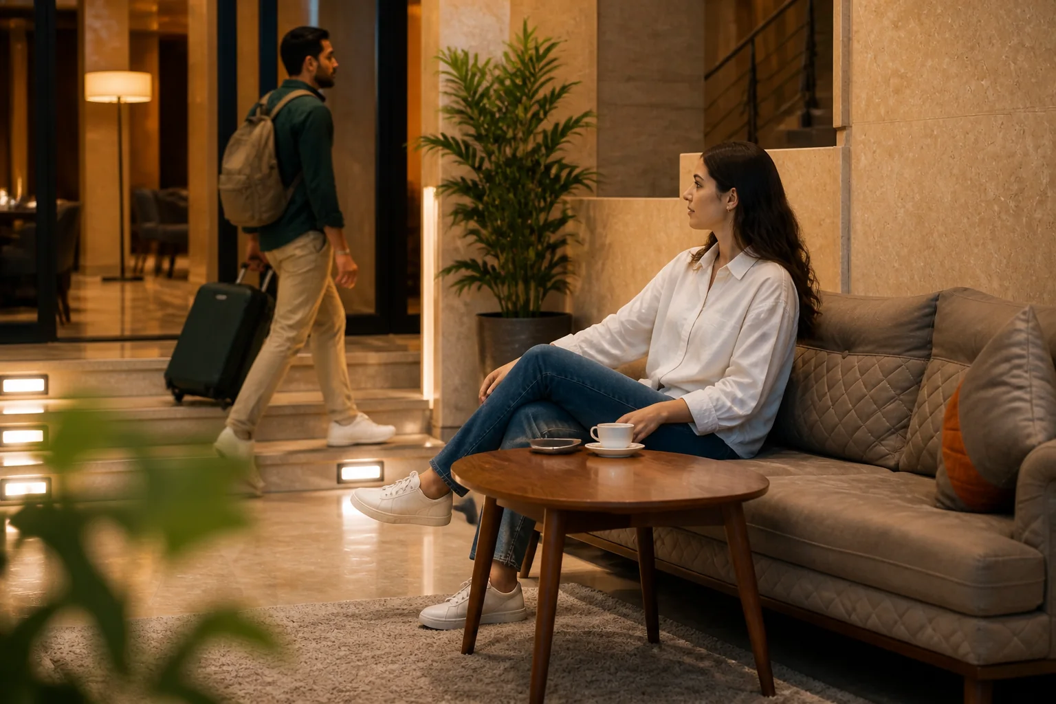 Guests in the Stay Inn Pyramids lobby